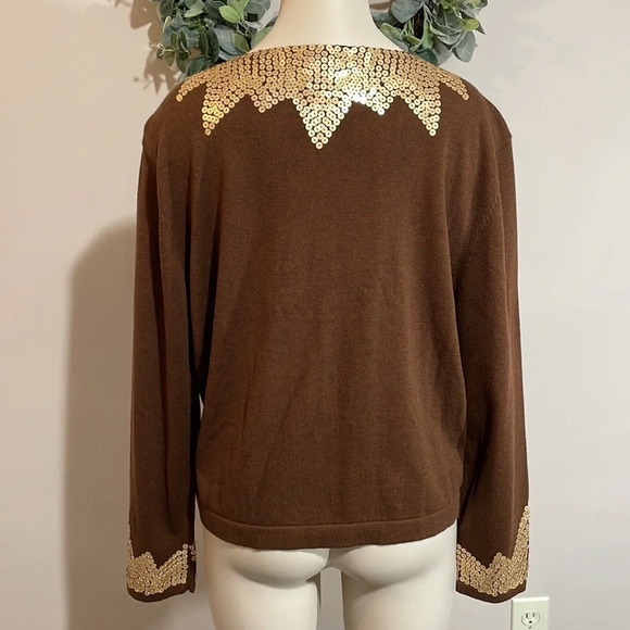 NWT Tasha Polizzi Brown Zip Front Cardigan Gold Sequin Stone Bead Detail… - Picture 6 of 16